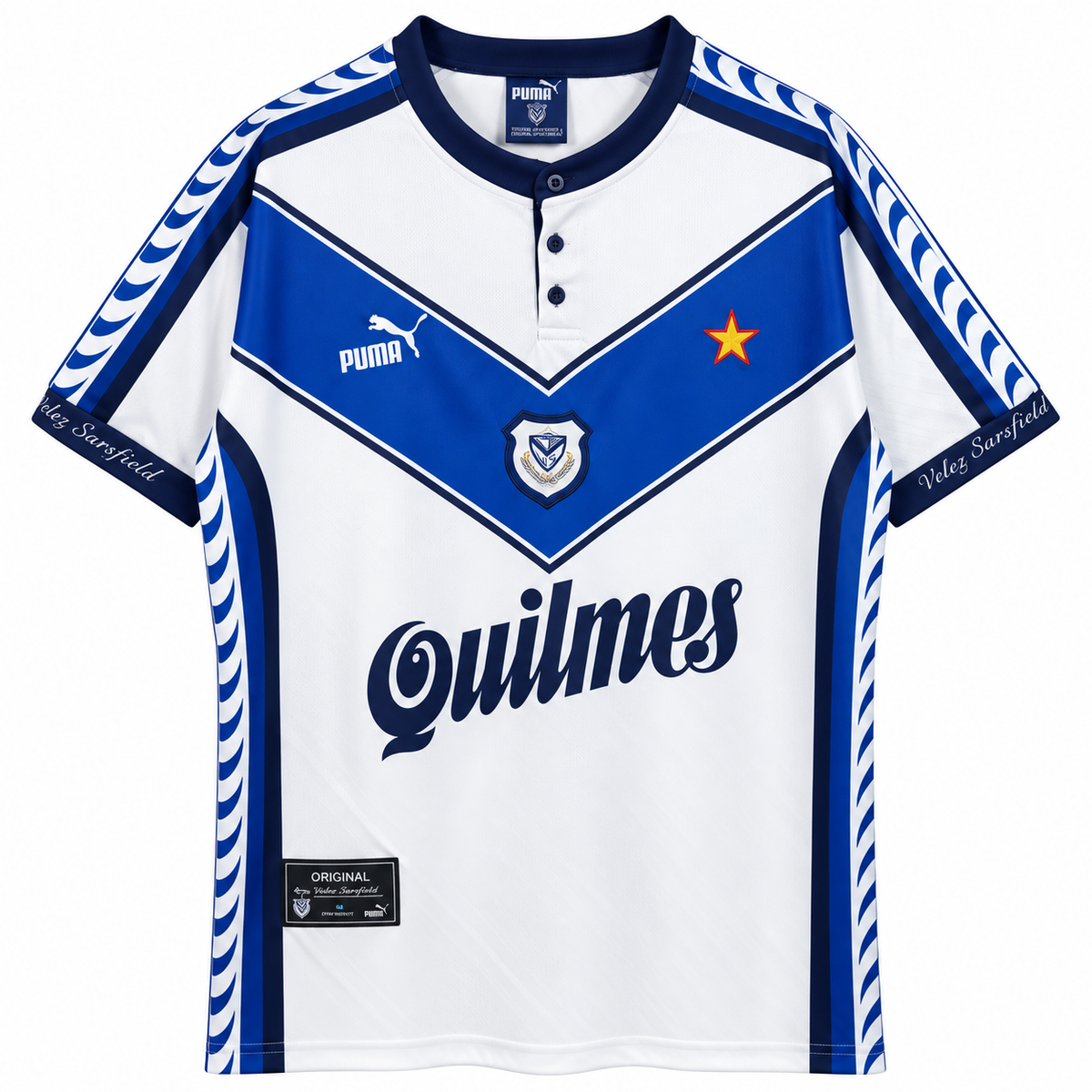 Frente de la camiseta retro blanca de Vélez Sarsfield con la V azul al pecho, Puma, Quilmes y una estrella roja