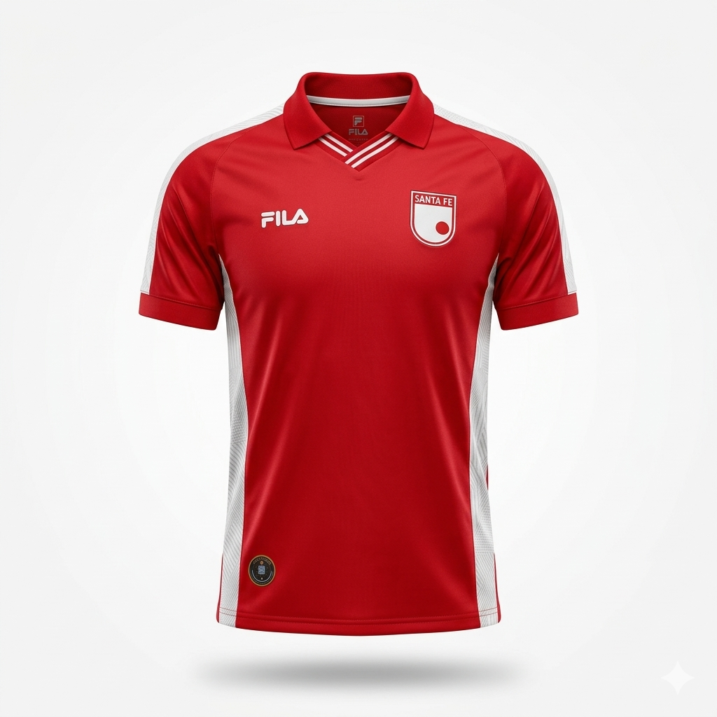 Front of the red FILA Santa Fe 2026 jersey with white sleeves and polo collar