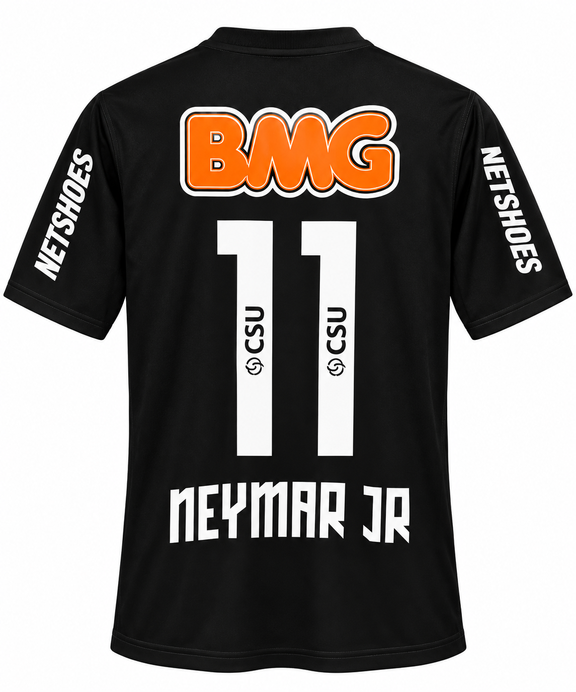 Espalda de la camiseta negra del centenario del Santos con el número 11 y NEYMAR JR