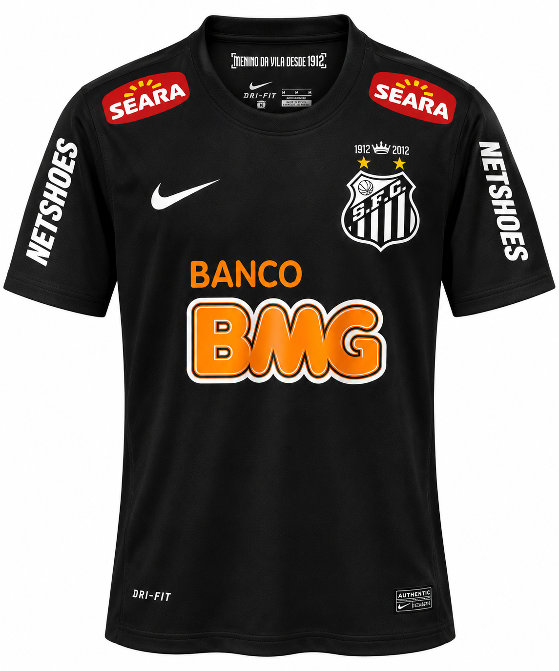 Camiseta negra del Santos 2012 del centenario, con el sello 1912-2012 sobre el escudo