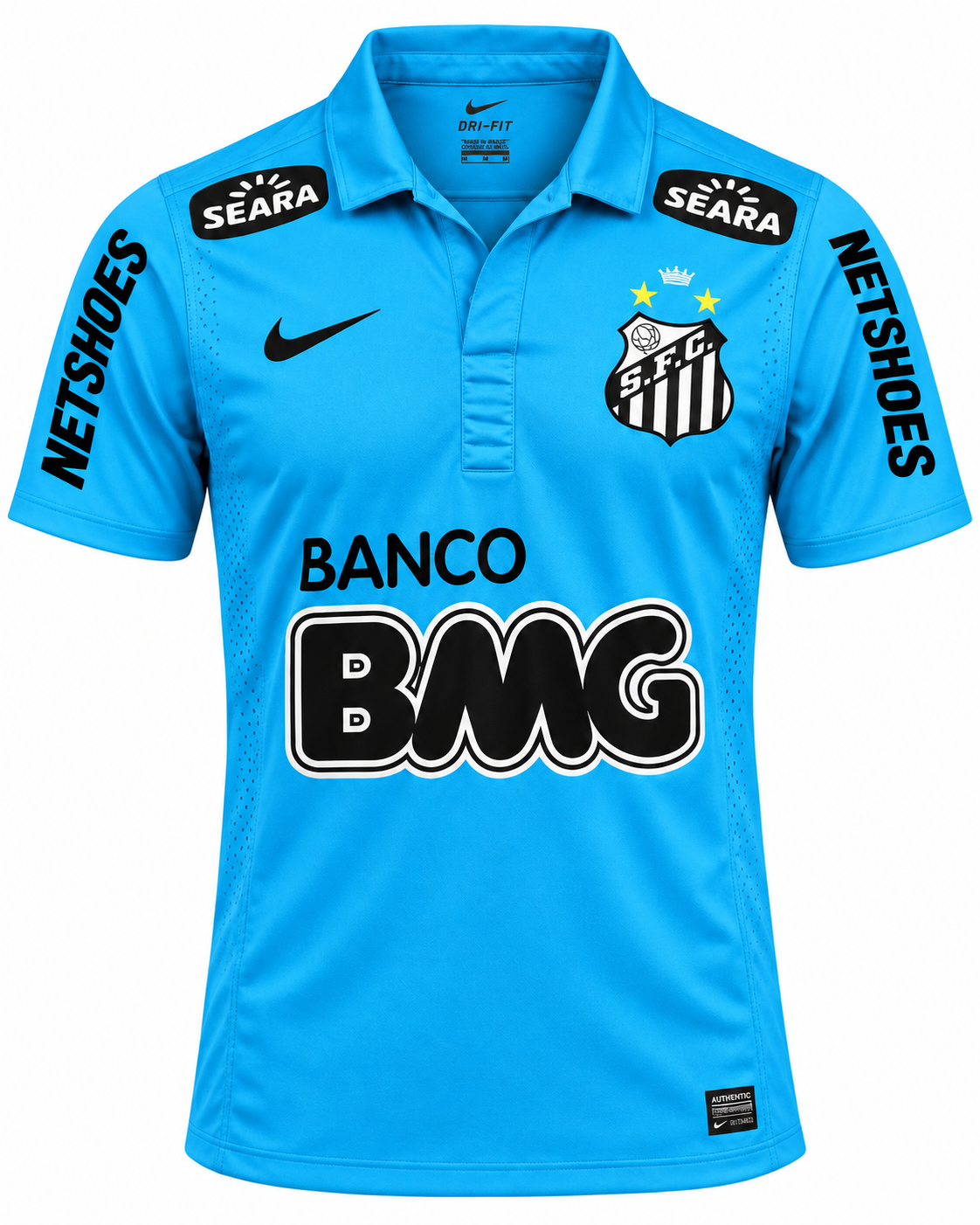 Camiseta celeste del Santos 2012 con cuello polo y el patrocinador Banco BMG