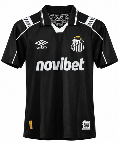 Camiseta tercera del Santos FC 26-27 negra con cuello polo blanco y negro