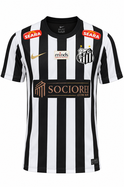Camiseta visitante del Santos 2013 a rayas blancas y negras con el patrocinador Sociorei