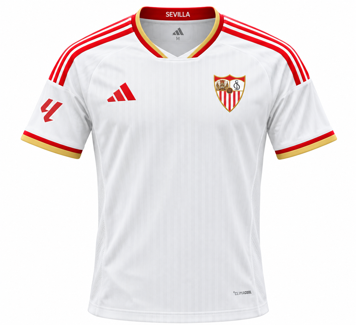Camiseta local del Sevilla blanca con cuello y puños rojos con filo dorado