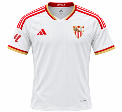 Camiseta local del Sevilla blanca con cuello y puños rojos con filo dorado