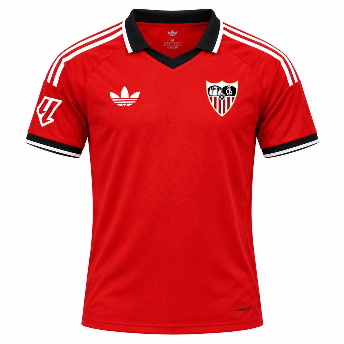 Camiseta retro del Sevilla roja con cuello negro, rayas blancas y trébol