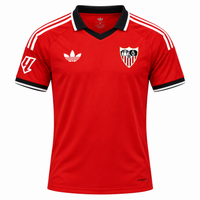 Camiseta retro del Sevilla roja con cuello negro, rayas blancas y trébol