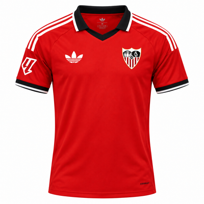 Camiseta retro del Sevilla roja con cuello negro, rayas blancas y trébol