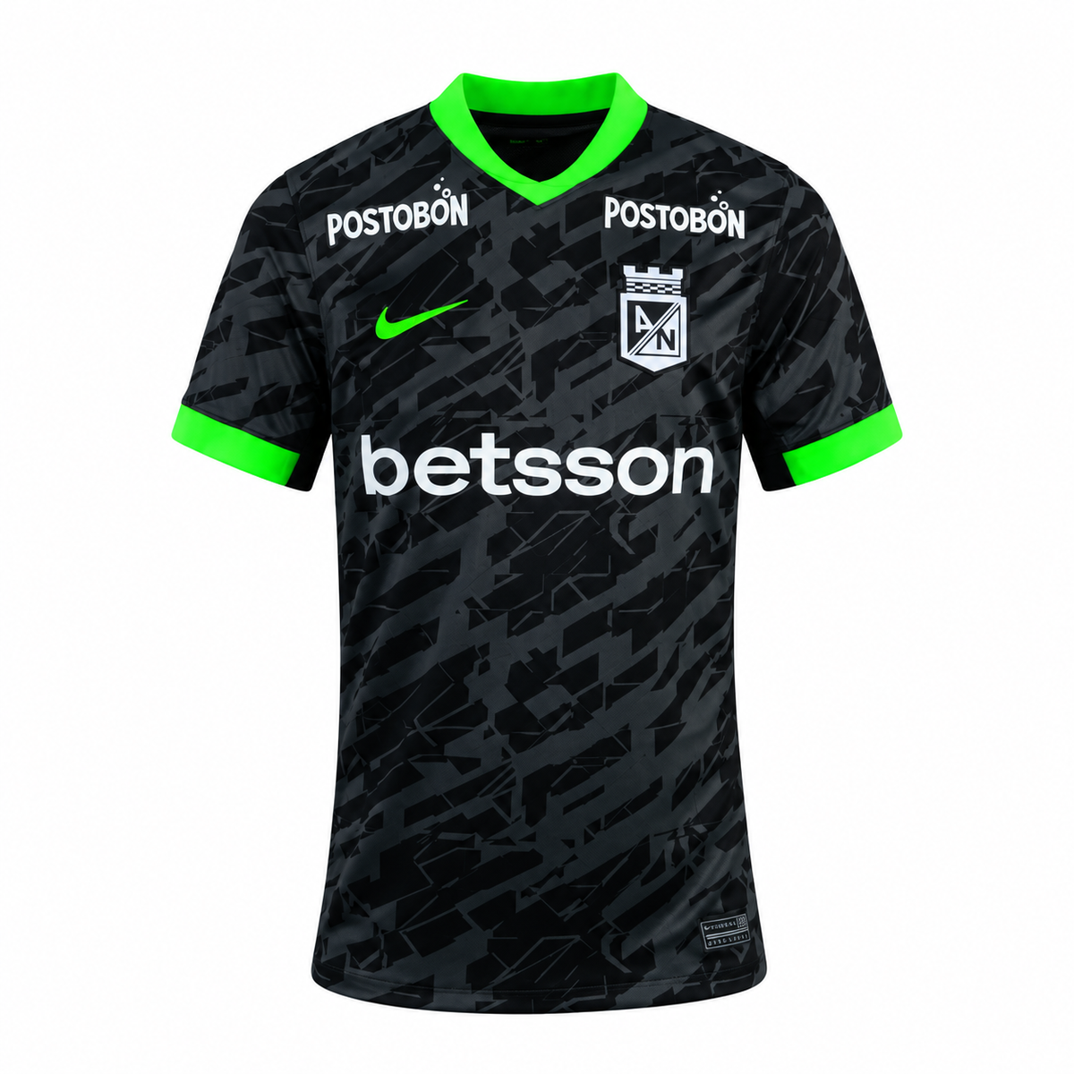 Camiseta tercera negra de Atlético Nacional 2026 con gráfico texturizado y detalles en verde neón