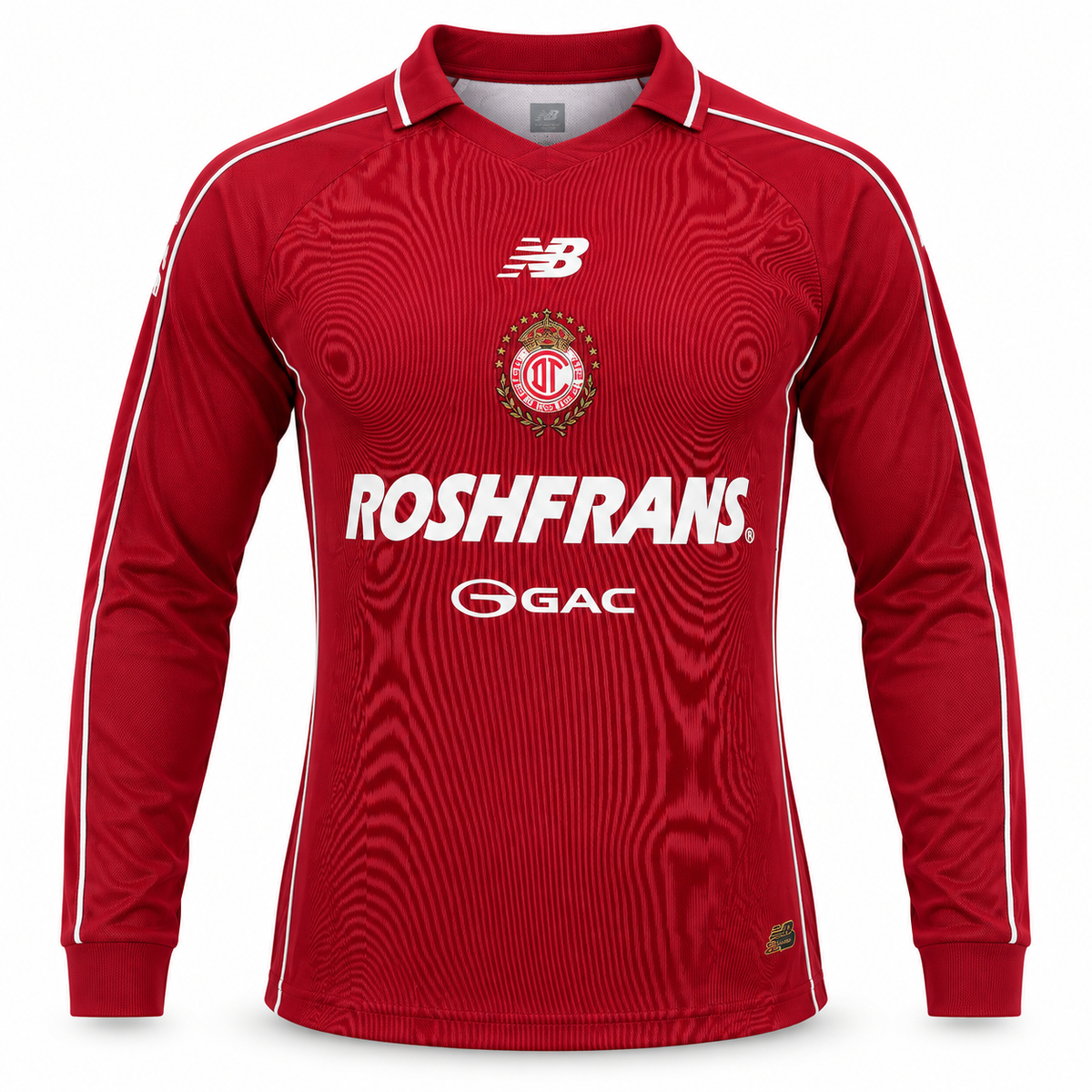 Camiseta roja de manga larga del Toluca con cuello de polo blanco, New Balance, Roshfrans y GAC