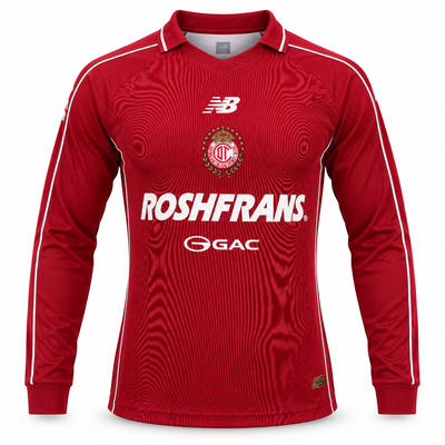 Camiseta roja de manga larga del Toluca con cuello de polo blanco, New Balance, Roshfrans y GAC