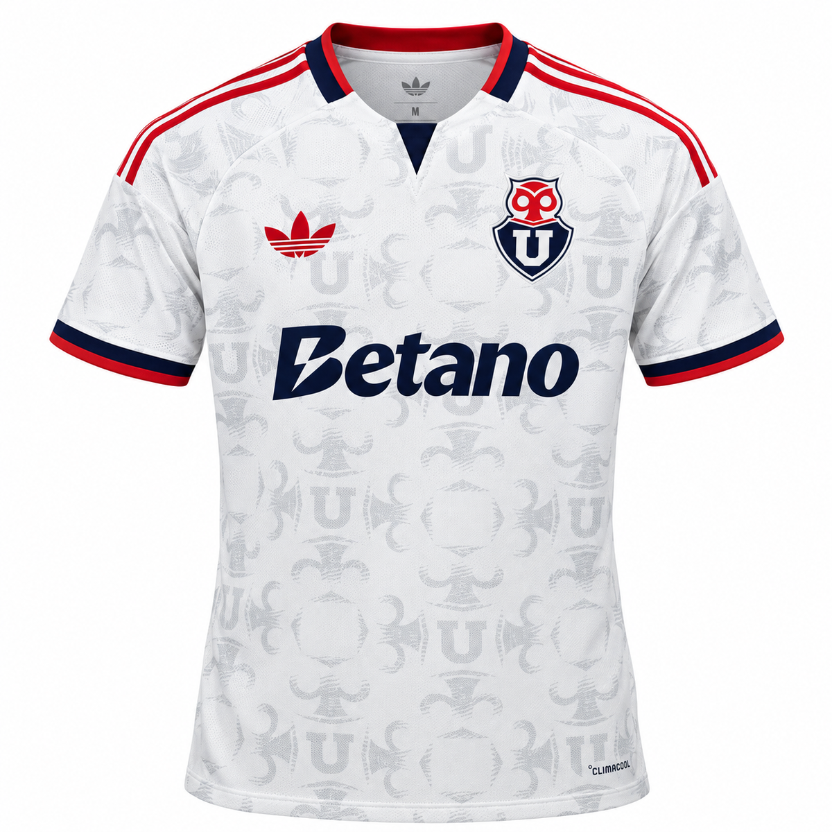 Camiseta blanca de la Universidad de Chile con Betano, cuello en V y la U estampada en gris
