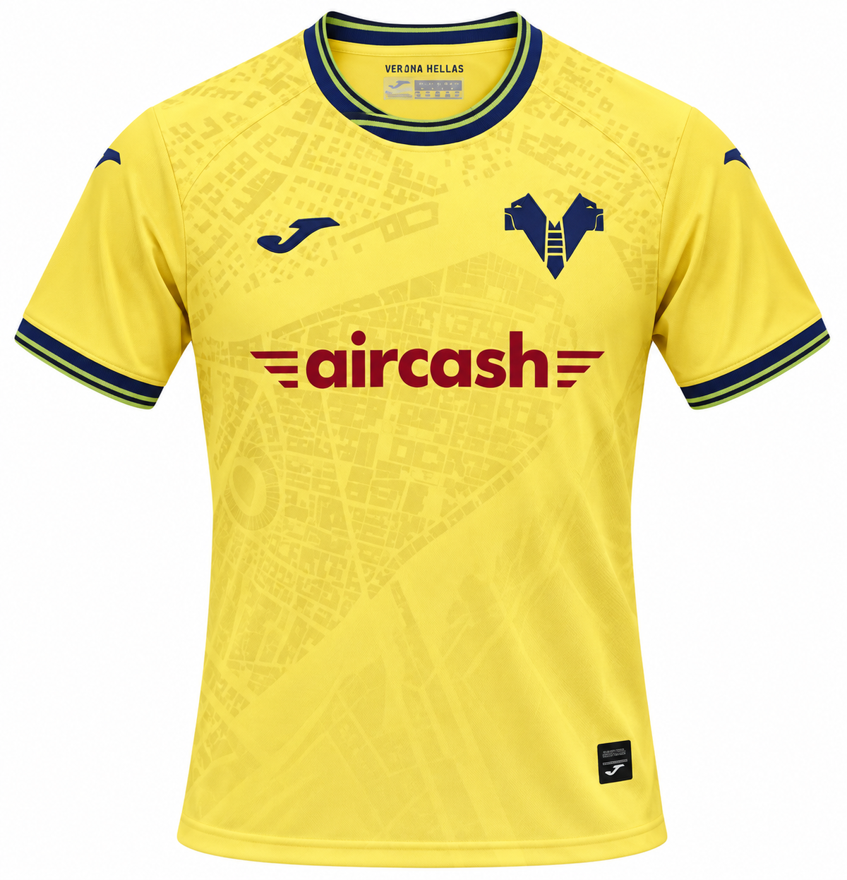 Camiseta del Hellas Verona amarilla, con cuello azul marino, aircash en rojo y el mapa de la ciudad