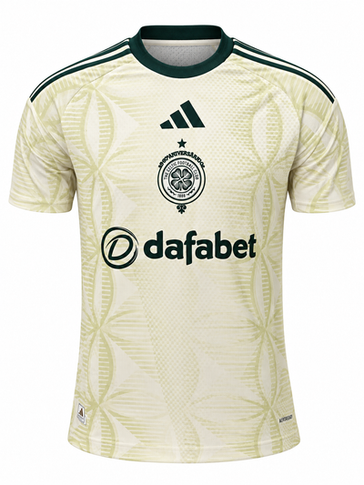 Celtic Glasgow 26-27 away jersey in cream with the shamrock crest and a petal print