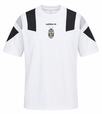 Camisa da Juventus EQT 26-27 em branco e preto, estilo retrô Adidas Originals, escudo termocolado
