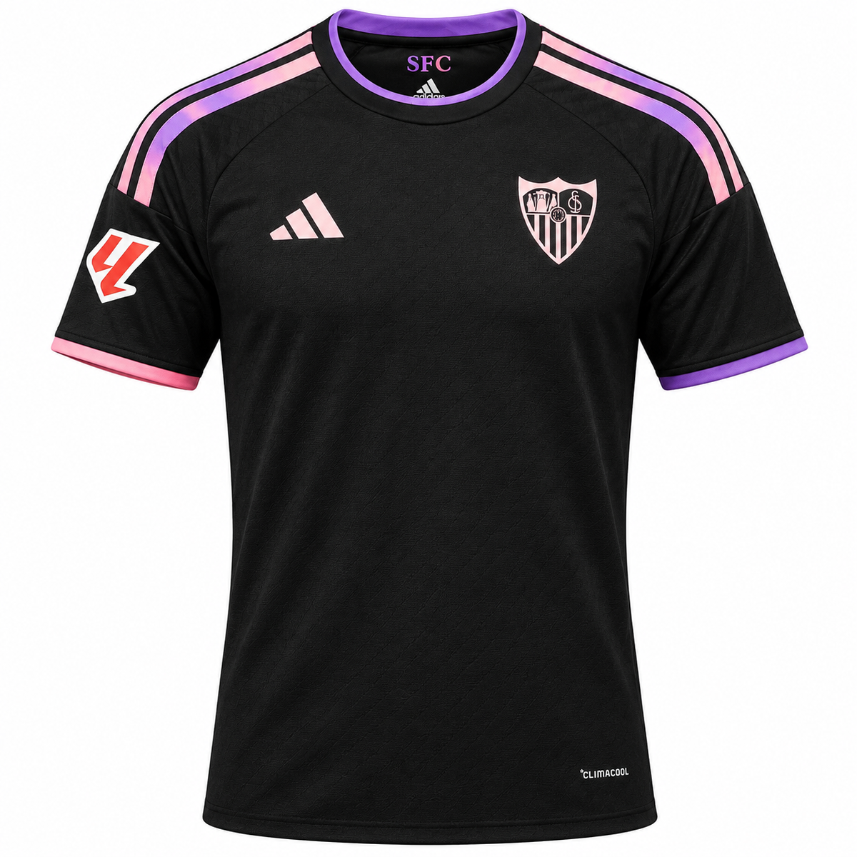 Camisa terceira Sevilla 26-27 preta com detalhes rosa e lilás, vista de frente