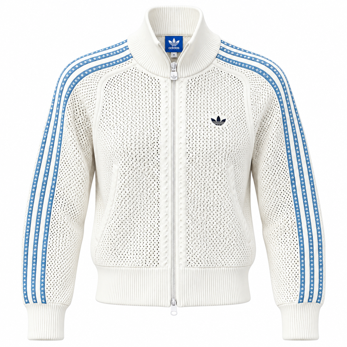 Jaqueta de tricô branca da Adidas Originals com zíper e três listras azul-claro nas mangas