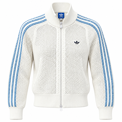 Jaqueta de tricô branca da Adidas Originals com zíper e três listras azul-claro nas mangas