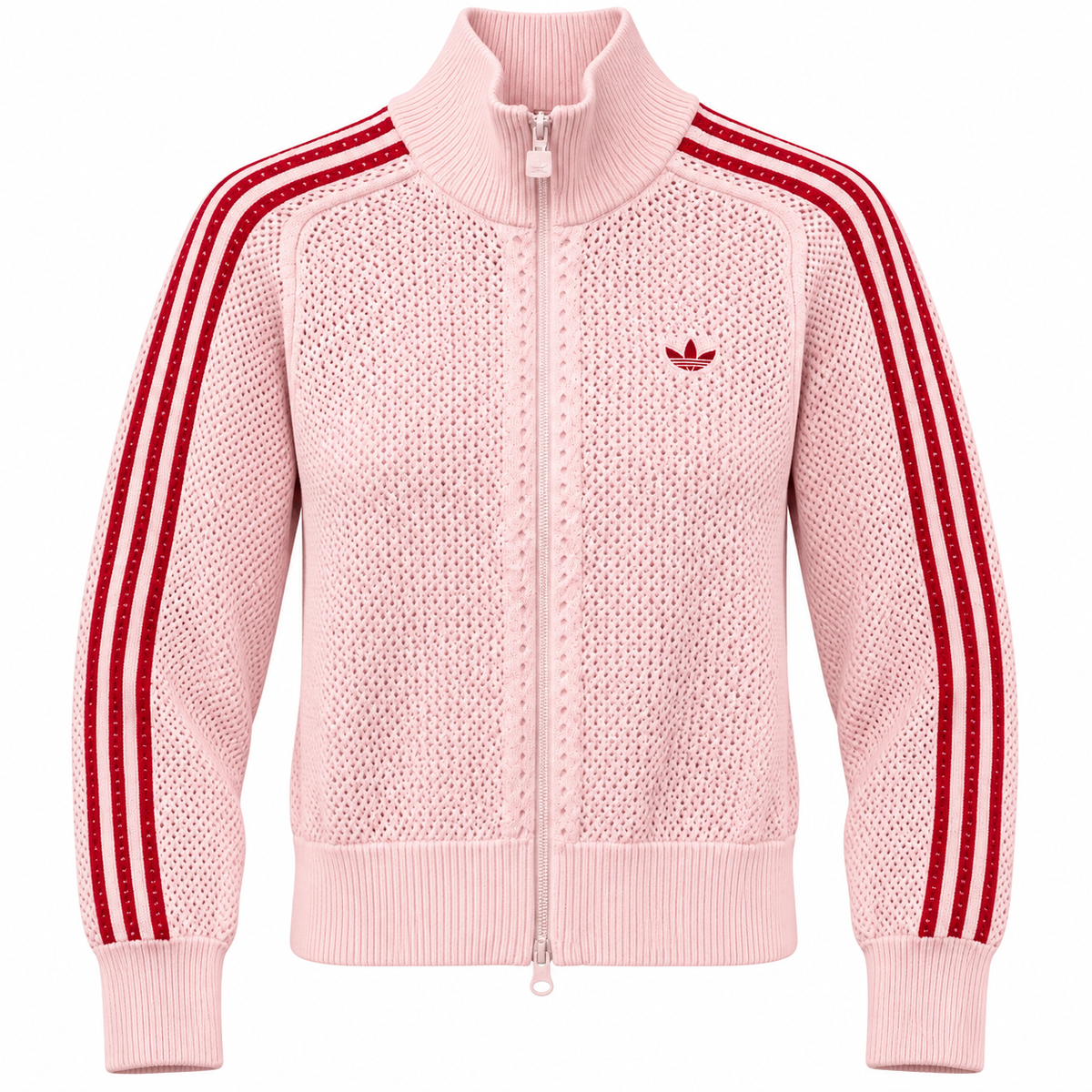Jaqueta de tricô rosa da Adidas Originals com zíper e três listras vermelhas nas mangas