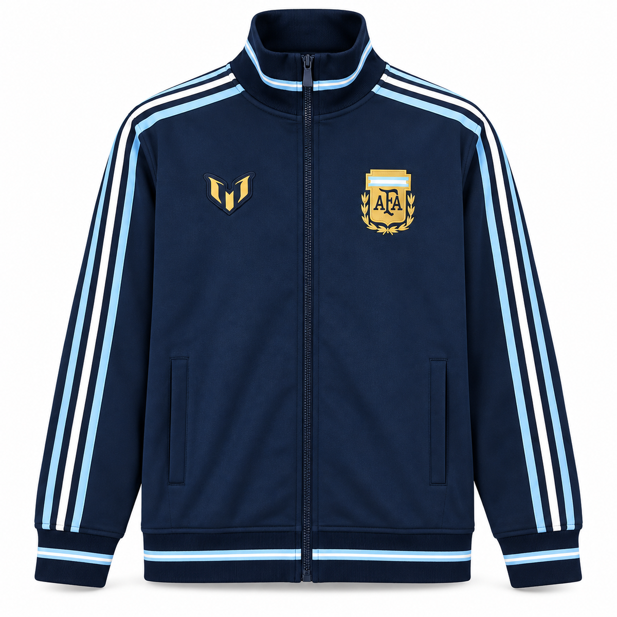 Chaqueta azul oscuro de Argentina x Messi con tres franjas celestes y blancas, logo de Messi y escudo de la AFA dorados