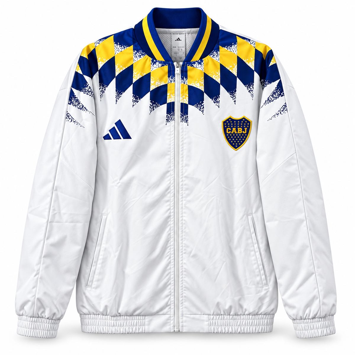 White Boca Juniors jacket with blue and yellow diamonds on the shoulders, blue and yellow collar and the club crest
