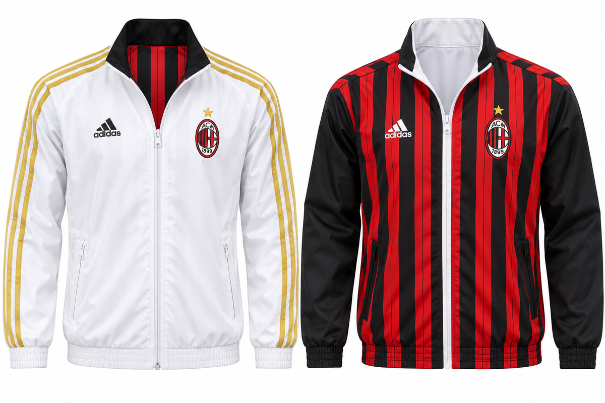 Chaqueta doble faz del Milan de Adidas, blanca con dorado por un lado y rojinegra por el otro