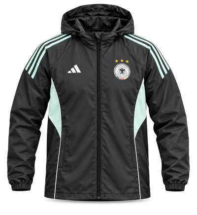 Jaqueta impermeável da Seleção da Alemanha da Adidas, preta com capuz, listras verde-menta nos ombros e painéis laterais verde-menta