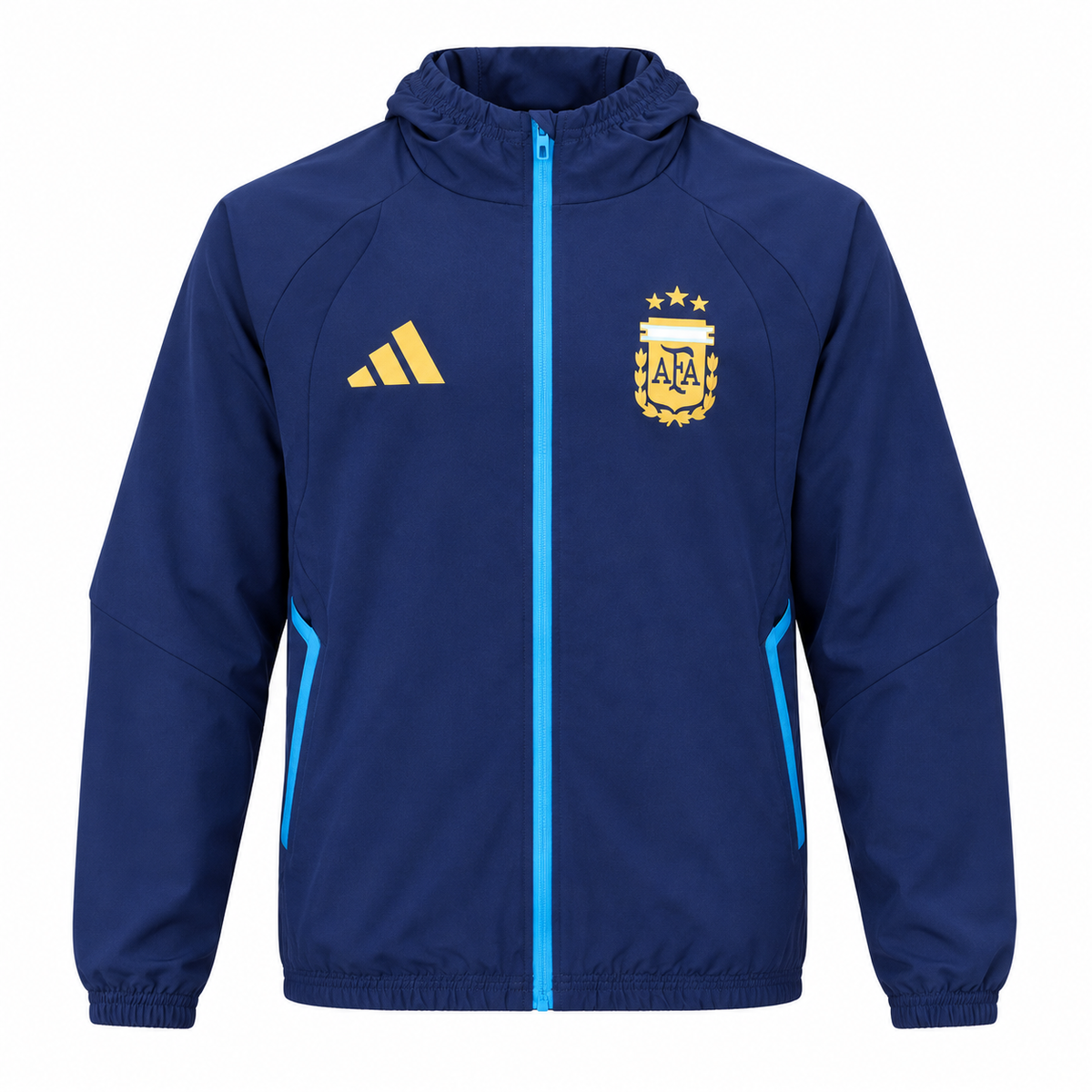 Dark navy Argentina national team rain jacket with a hood, a sky blue zip and the AFA crest