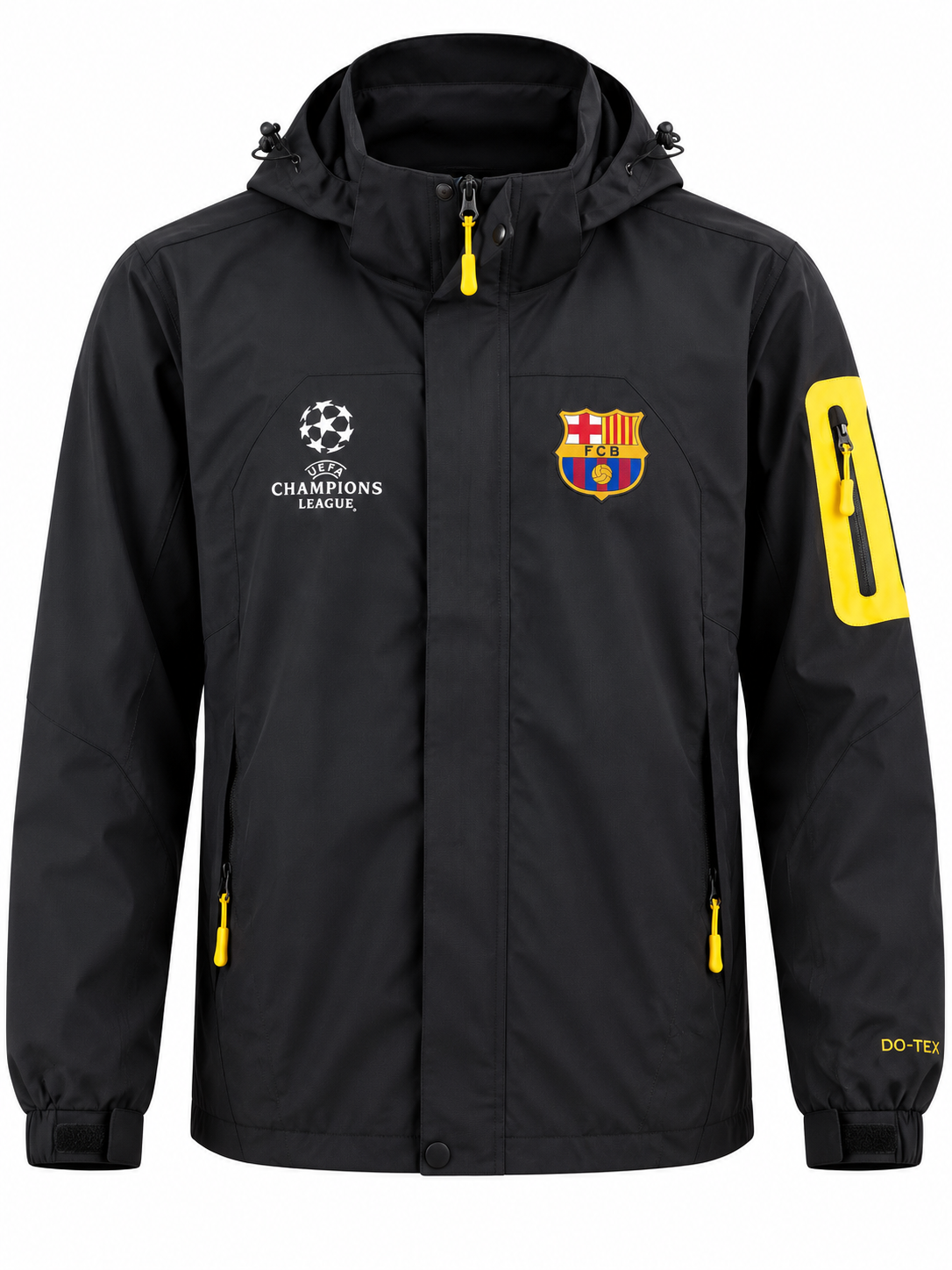 Jaqueta impermeável preta do Barcelona com capuz, logo da Champions e zíperes amarelos