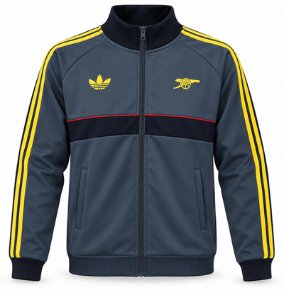 Chaqueta retro del Arsenal gris pizarra, con franja azul marino, rayas amarillas y el cañón al pecho