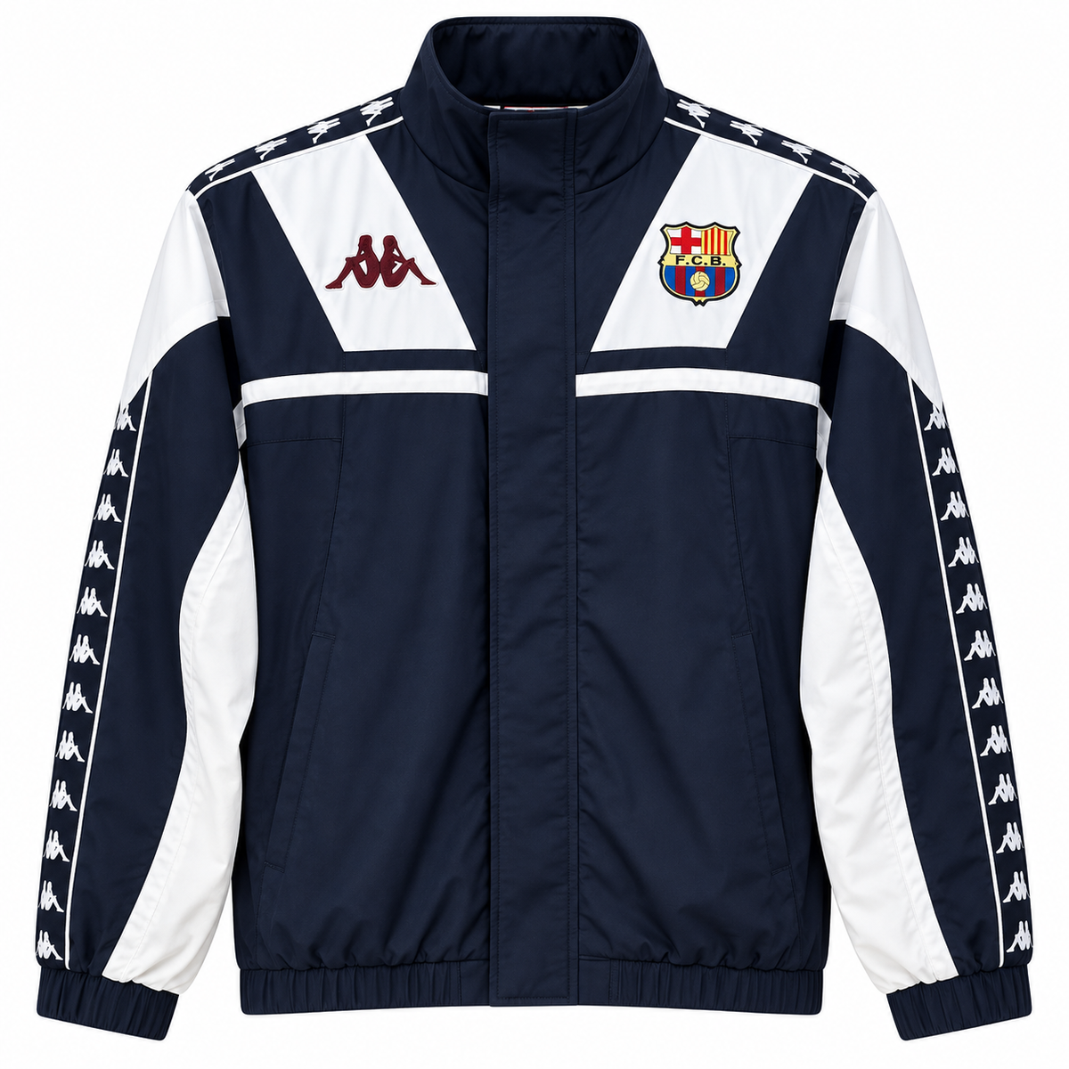 Chaqueta retro azul oscura del FC Barcelona Kappa con paneles blancos y banda de logos