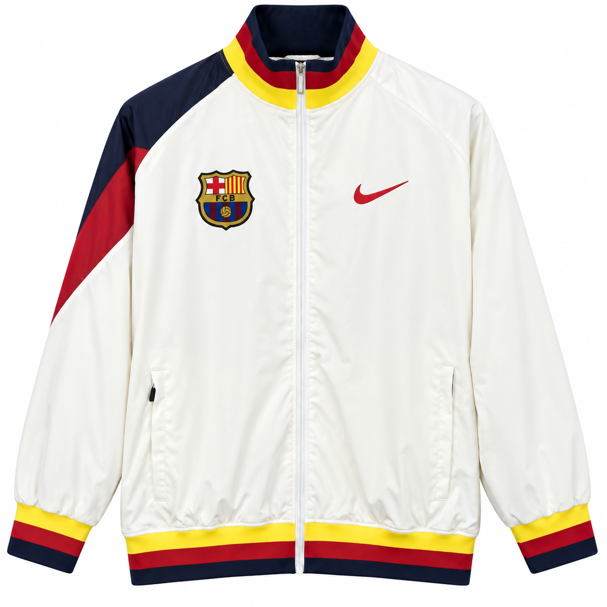 FC Barcelona cream bomber jacket with blue, red and yellow trims