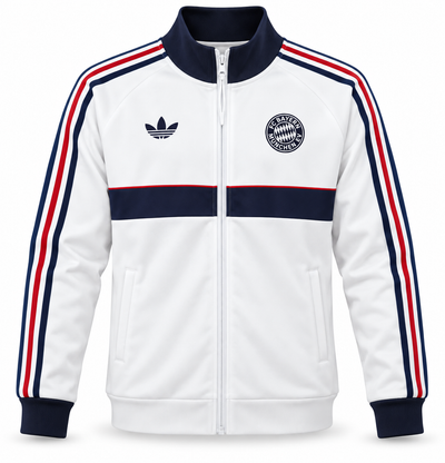 Chaqueta retro del Bayern Múnich blanca, con cuello y franja azul marino y rayas rojas