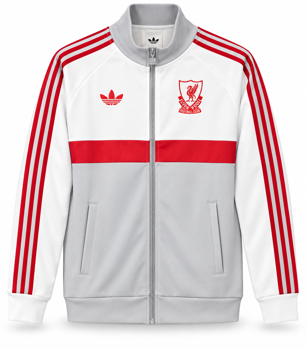 Chaqueta retro del Liverpool blanca y gris claro, con franja roja y rayas rojas en las mangas