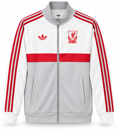 Chaqueta retro del Liverpool blanca y gris claro, con franja roja y rayas rojas en las mangas
