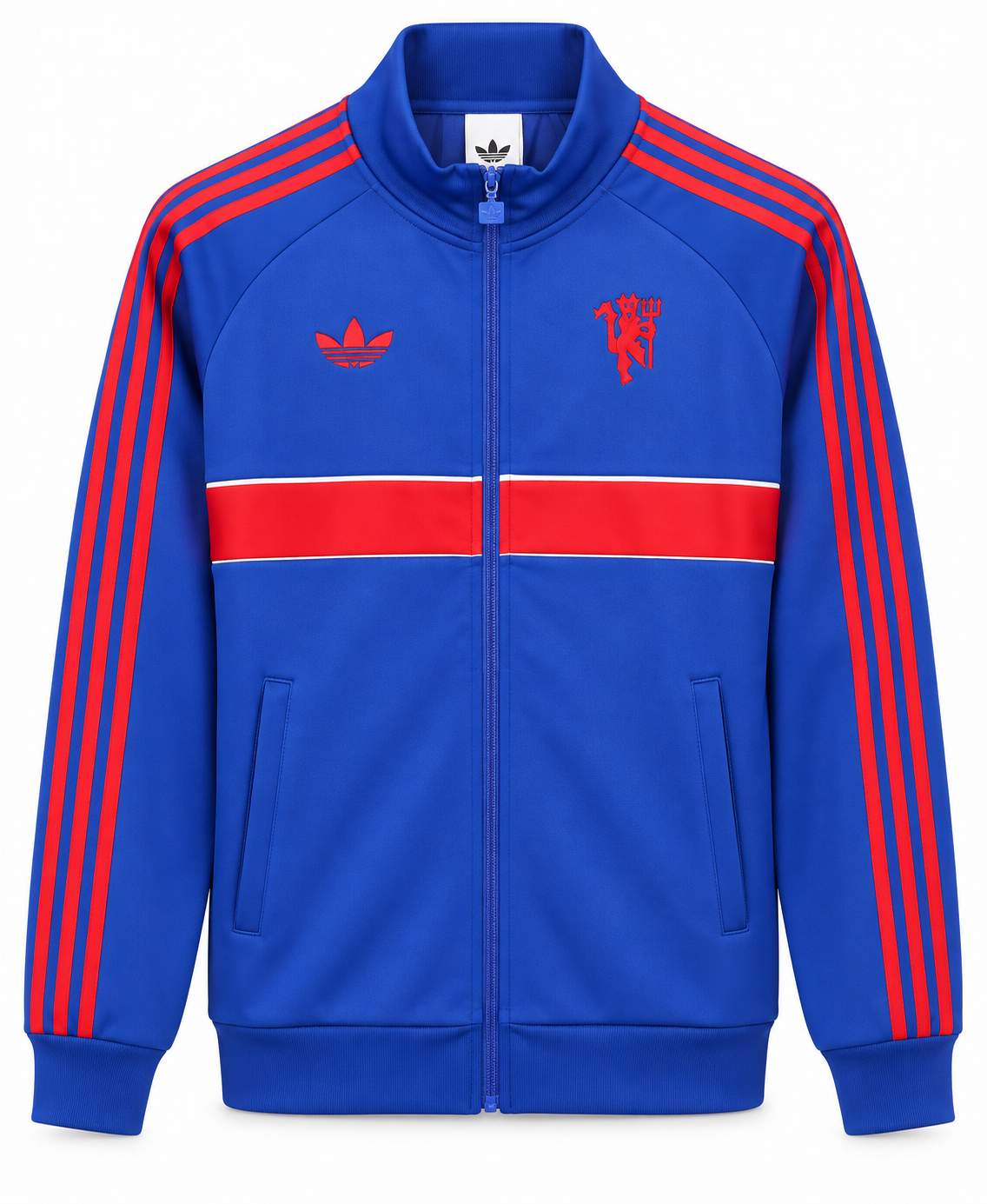 Chaqueta retro del Manchester United azul rey, con franja y rayas rojas y el diablo rojo