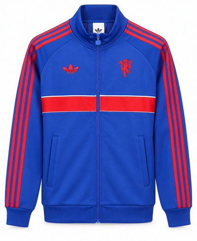 Chaqueta retro del Manchester United azul rey, con franja y rayas rojas y el diablo rojo