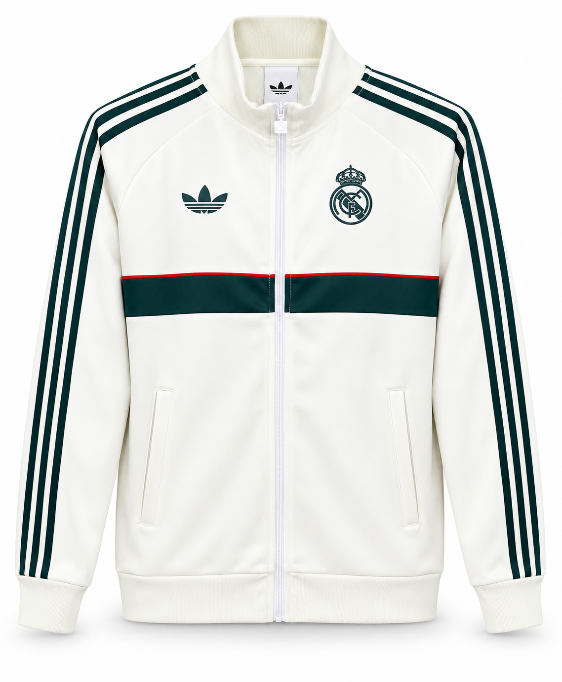 Jaqueta retrô do Real Madrid creme, com faixa e listras verde-escuro