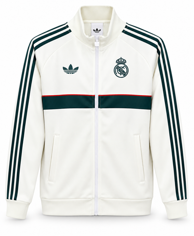 Chaqueta retro del Real Madrid crema, con franja y rayas verde oscuro