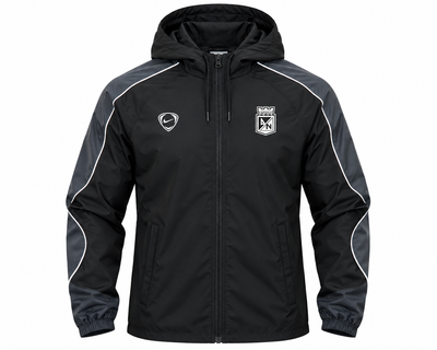 Chaqueta rompevientos original Nike Total 90 de Atlético Nacional negra con gris, capota y escudo al pecho