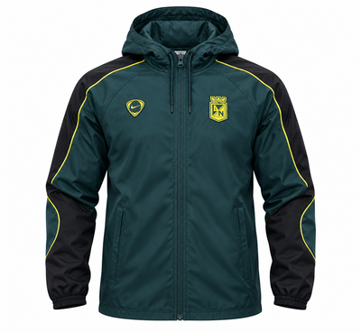 Chaqueta rompevientos original Nike Total 90 de Atlético Nacional verde oscuro con negro, capota y vivos amarillos