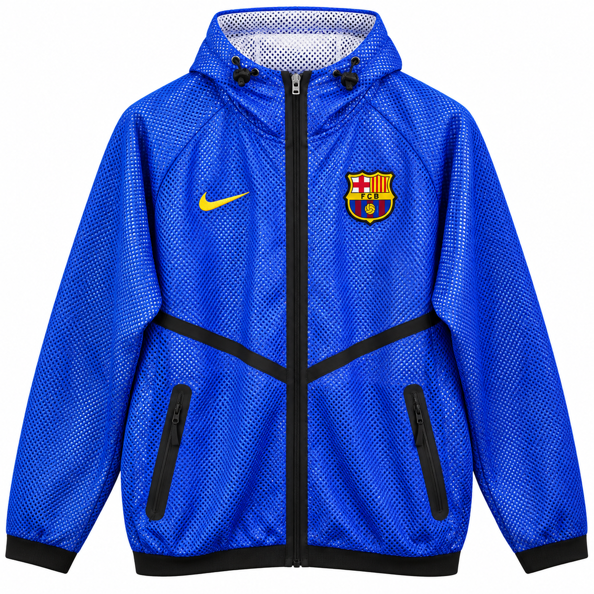 FC Barcelona blue mesh windbreaker with a white-lined hood