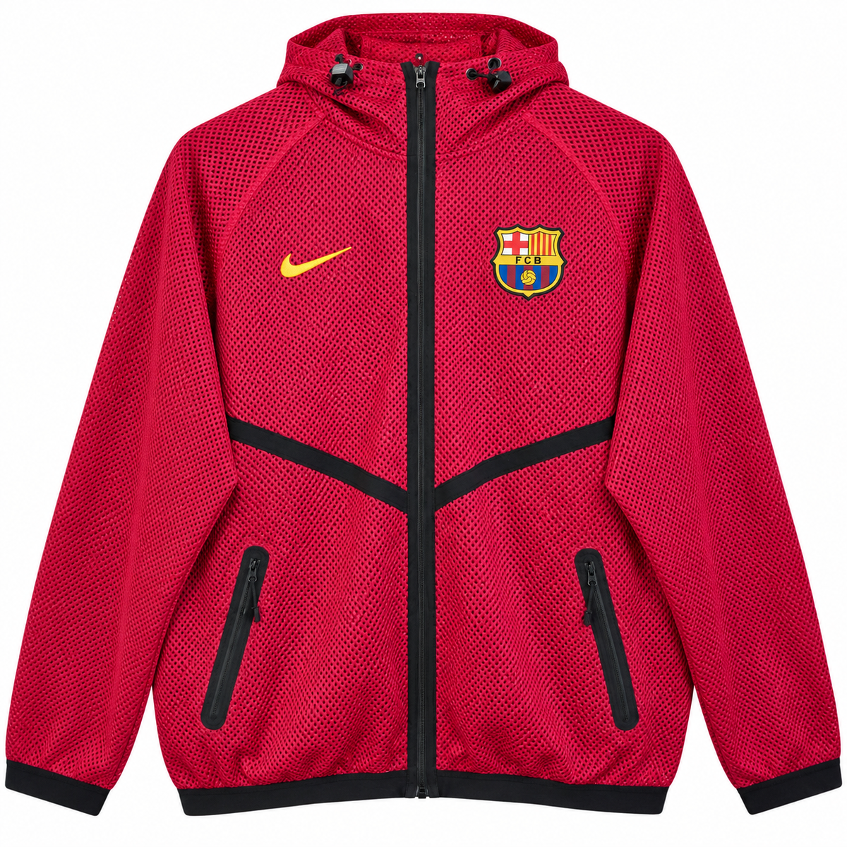 FC Barcelona red mesh windbreaker with a hood and black zips