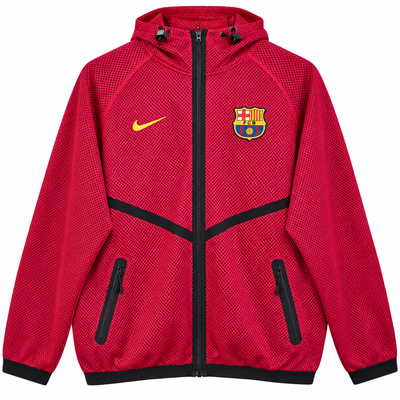 FC Barcelona red mesh windbreaker with a hood and black zips