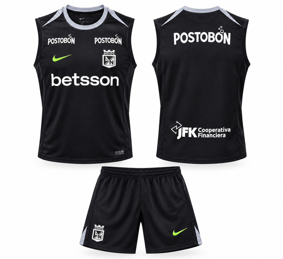 Conjunto de entrenamiento de Atlético Nacional negro: esqueleto sin mangas y pantaloneta, con swoosh verde limón