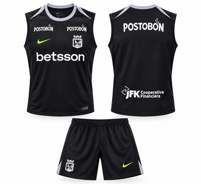 Conjunto de treino do Atlético Nacional preto: regata sem mangas e calção, com swoosh verde-limão