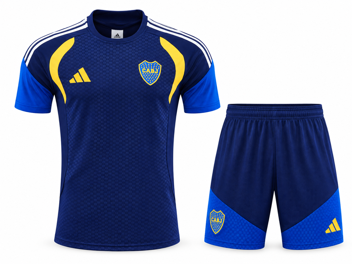 Conjunto de entrenamiento de Boca Juniors azul oscuro: camiseta con franjas amarillas y pantaloneta con el escudo