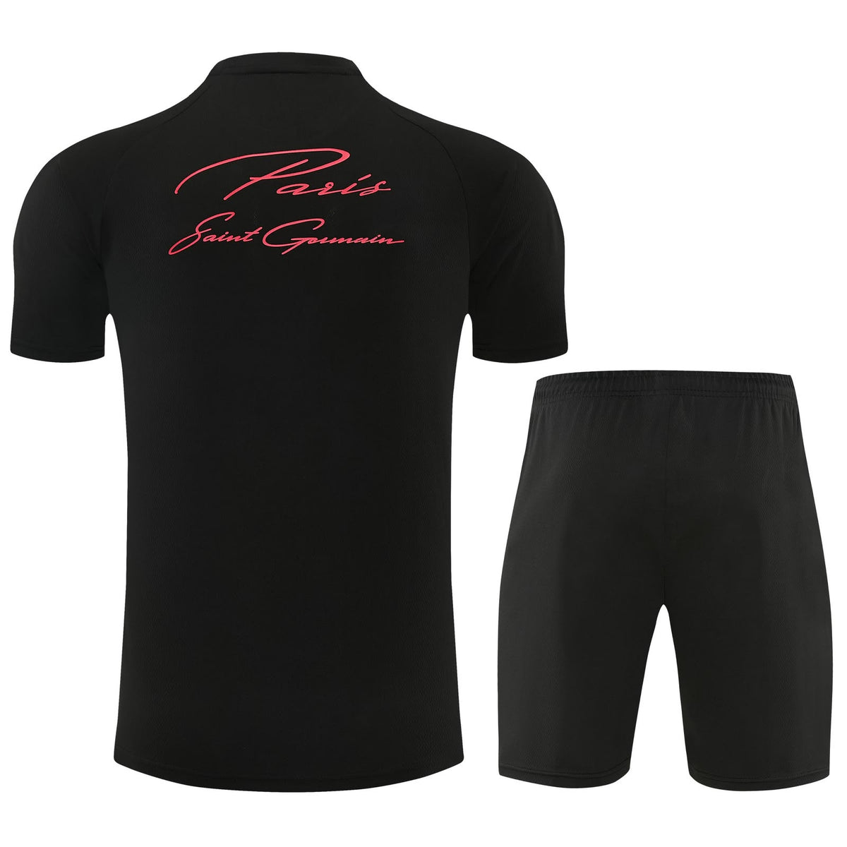 Espalda de la camiseta negra del PSG con Paris Saint-Germain en letra cursiva roja