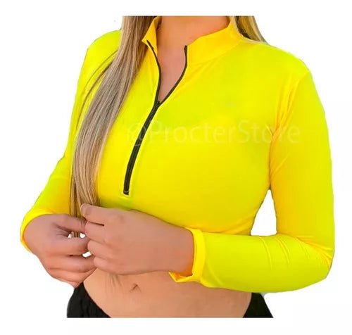 Crop Top Manga Larga Dama Deportiva Lycra Con Cremallera - Velocity Savage