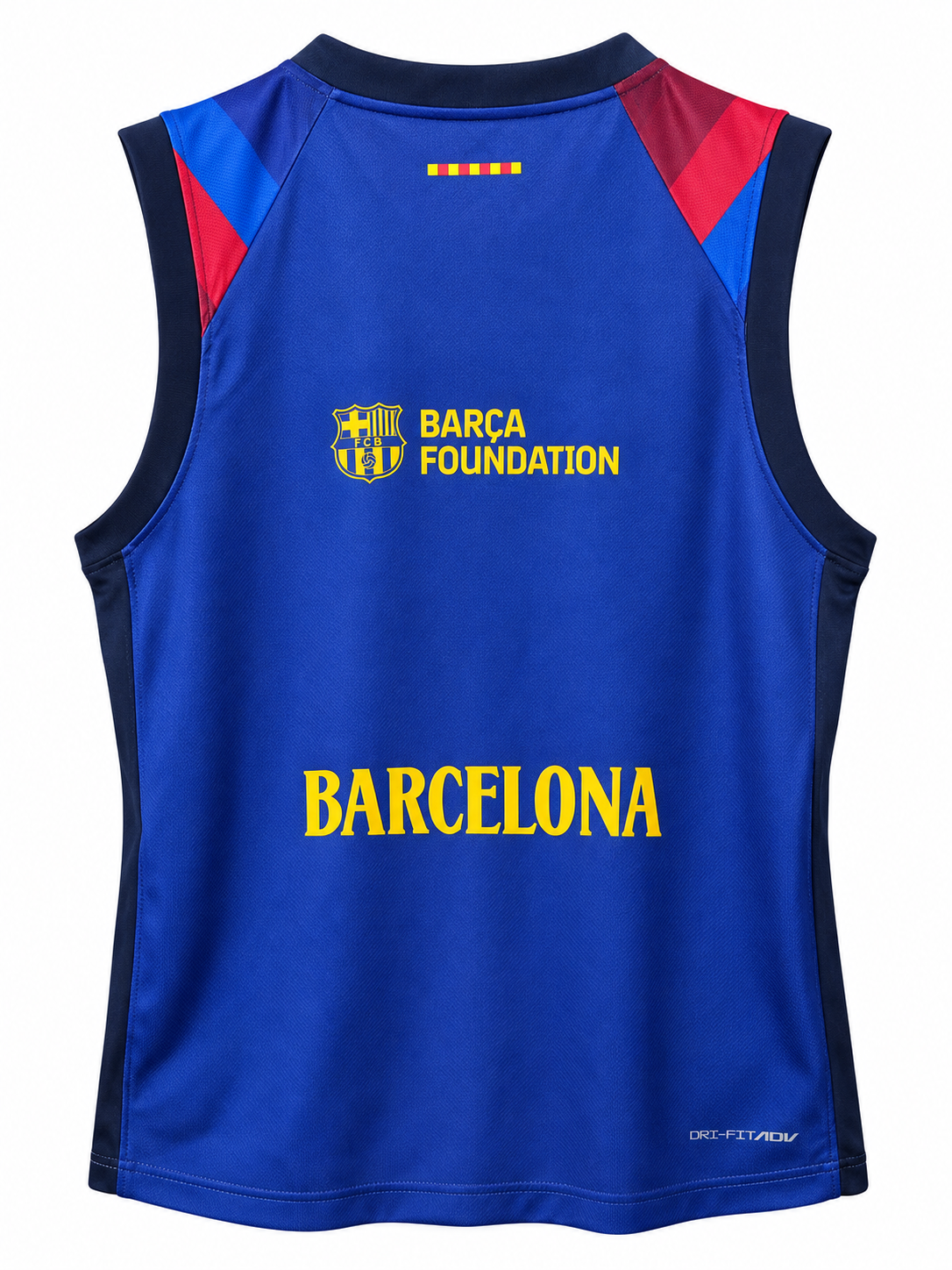 Costas azuis da regata do Barcelona com Barça Foundation e BARCELONA em amarelo